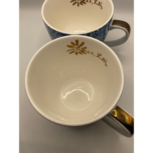 Lilly Pulitzer Set of 2 Mugs Blue Floral Gold Handle "xx, Lilly" Message - Picture 5 of 12